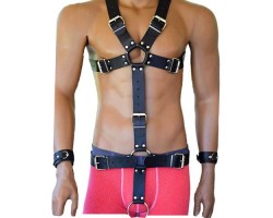 Кожен харнес BDSM нагръдник с халки и пенис ринг 